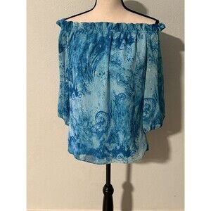 White House Black Market Blue Off Shoulder Metallic Clip Dot Blouse Size Small